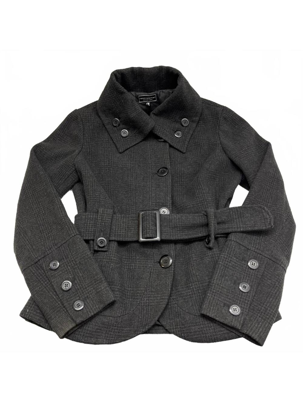 Y2K Nass Women Grey Plaid Belted Wool Blend Coat Oversized Collar Side Buttons M